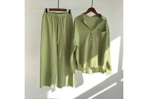 Cotton and Linen Vintage Plus Size Two-piece Women's Slacks Shirt Suit for Woman