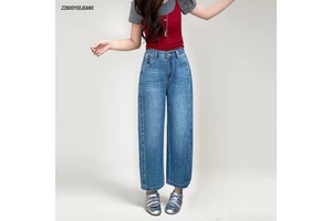 Curved Hem Denim Jeans Petite Women Full Length New Spring Model Light-colored Loose High-waisted Straight-leg Quick Dry BJ277