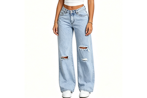 Wholesale New Ripped Light Blue Denim Jeans Women Vintage High Waist Wide Leg Loose Solid Casual Summer Pants OEM Custom