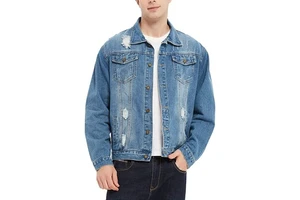 Men's Denim Trucker Jacket Distressed Ripped Motorcycle Slim Fit Blue Jean Jackets Coat