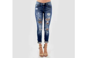 High Quality Ladies Elastic Leopard Patches Stretch Ripped Skinny Fit Jeans Middle Waist Denim Pencil Streetwear Plus Size