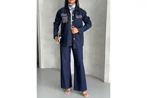Women's Mybeefashion Navy Blue 1802 Pocket Stone Detail Denim Suit Comfortable and Stylish Set