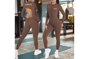 Long Sleeved Sports Jumpsuit High Strength Hollow Back Fitness Jumpsuit with Zipper for Running & Yoga
