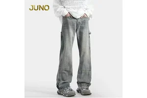 Custom Men's Vintage Jeans Regular Fit Wide Leg Cargo Denim Pants with Side Pockets Streetwear Zip Hem Casual Workwear Trousers