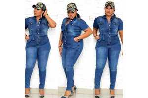 Hot Selling Women's Fashionable Sexy Casual Tight-fitting Button Decoration Plus Size Short Sleeved Denim Jumpsuit