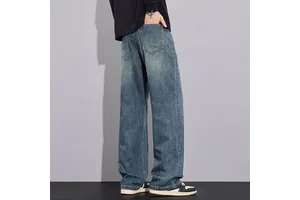 Men's High Quality Jeans Loose Straight-Cut Long Pants Fashionable Versatile Distressed Washed Techniques