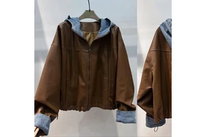 Wholesale Full-Zip Casual Denim Pu Leather Material Hood Women Jacket