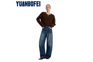YUANBOFEI Women's Casual Denim Jeans High Quality Breathable High Waist Wide Leg Blue Washed 280g Comfortable Custom-Made Option