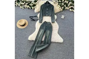 Two-Piece Denim Suit Women'S Short Long Sleeve + High Waisted Straight Trousers -Piece Set