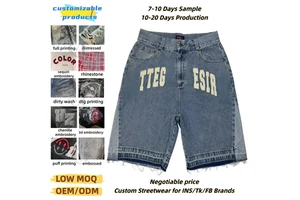 Oem Custom Sun Faded 100% Cotton Unisex Streetwear Embroidered Applique Patch Washed Zipper up Baggy Raw Hem Men's Denim Shorts