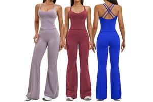 European American Women's Brushed Yoga Set Crisscross Back Tank Top High Waist Flare Leggings 2 Piece Pilates Outfit Yoga Set