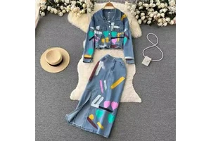 Fashionable and Fashionable Two-piece Suit Women's Autumn Printed Long Sleeve Jean Jacket High Waist Split Half Length Skirt
