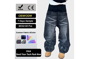 Men's Wide Leg High Waist Vintage Streetwear Denim Jeans 100% Cotton Dark Wash Breathable Regular Fit
