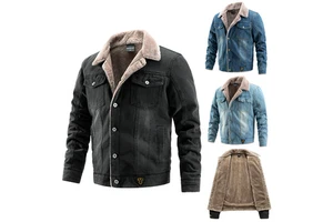 Men's Denim Jacket for Autumn and Winter with Added Fleece Thickened Collar Water Washed Cotton Fashionable Men's Jacket