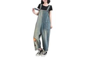Casual Patchwork Denim Overalls for Women Spring Artistic Retro Suspender Jumpsuit Straight Leg Pants for Female