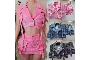 Conyson Pink Big Pockets Denim Suit Spring Summer Sleeveless Short Vest High Waist Hip Wrapped Skirt 2 Pieces Women Sets