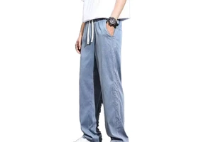 Wholesale Summer New Thin Denim Medium Washed Solid Color Mid Waist Casual Plus Size Comfortable Street Pants for Men