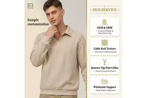 Men Polo Collar Quarter Zip Cable Knit Textured Pullover Sweater Long Sleeve Casual Knitwear Wholesale