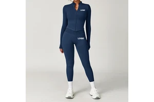 Custom Logo High Waist Workout Yoga Sets For Women Solid Color Long Sleeve Gym Clothes Zipper Top Leggings Fitness Sportswear