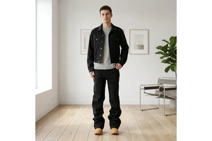 Retro Midweight Black Loose Stacked Raw Pink-edge Streetwear Solid Autumn/Summer Washable Straight-leg Original Jeans For Men