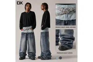 Custom Manufacturer Double-waist Jewel Denim Jeans Light-wash Baggy Wide-leg Stacked Y2K Streetwear Mens Premium Archive OEM ODM