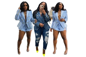 2023 Womens Fall Denim Jacket Fashion Double Breasted Blue Jean Jacket Women Denim Jacket Suit for Women