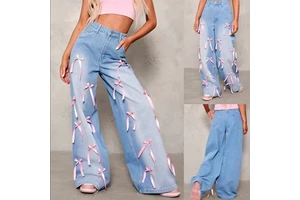 Butterfly Bow High-waisted Wide-leg Distressed Women's Jeans