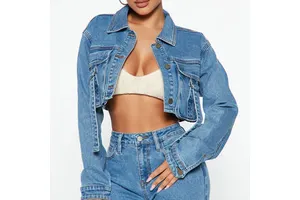 Outfitize Women's Cropped Jeans Jacket High Waist Denim Coat Fashionable Slim Fit Light Blue Jean Jacket for Ladies
