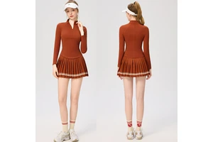 Stand Collar Long-Sleeve Shirt & Pleated Skirt 2-in-1 Set Golf, Tennis and Padel Outfit with Pockets, Stylish Luxury Yoga Set