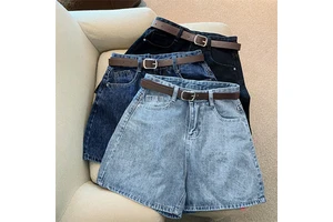 R-9854 Women's Summer Denim Shorts High Waist Breathable Eco-Friendly Anti-Wrinkle Simple Slimming Loose Wide Leg