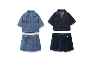 Set Women's 2-piece new fashion casual denim short-sleeved shirt blouse+denim double-breasted skirt suit