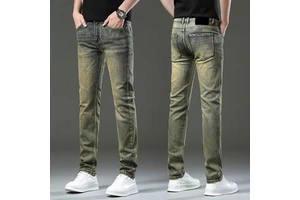 Plus Size Men Slim Fit Straight Leg Distressed Washed Denim Jeans Mid Waist Casual Style 100% Cotton Woven Pants