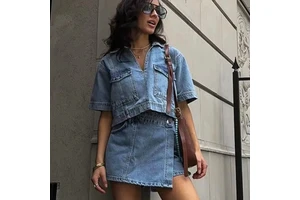 Fashion Women Denim Suit Short Sleeve Crop Tops and Jeans Shorts 2 Piece Denim Set