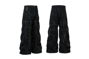 Distressed Washed Pleated Pleat Denim Trousers Pants Men's Super Baggy Jeans American Retro Design with Pleated Drape Jeans