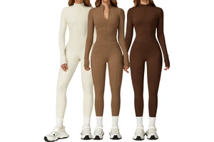 One-Piece Jumpsuit Stand Collar Zipper Warm Long Sleeve for Outdoor Leisure Sports Fitness Yoga Clothing Breathable Solid