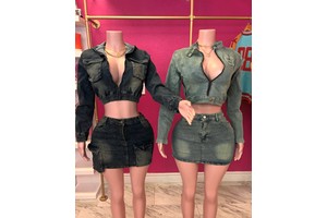 Trendy Women's Casual Y2K Denim Jacket and Mini Skirt Sets Skinny Fit with Stretch Zipper Crop Jacket Outfits