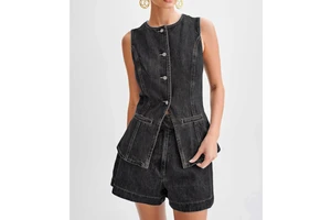 2026 Hot Sale Summer Denim Two Piece Outfit, Ladies Sleeveless Vest Wide Leg Shorts Y2K Office Lady Suit