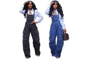New Fashion Street Style Strapless Waist Shows the Figure Multi Pocket Suspender Jumpsuit Denim Cargo Pants Jean Pants for Women