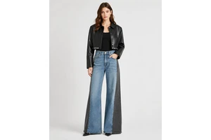 MENGTU Custom Retro Color Collision Breathable Knitted Solid Light Wash Casual Denim High Waist Women's Wide Leg Jeans