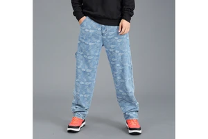 100% Cotton Blue Jeans for Men New Laser Printed Hip Hop Style Plus Size Loose Fit Baggy Wide Leg Fashion with Logo on Waist