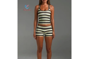 Newest Women Premium Custom Striped Racer Back Tank Biker Shorts Casual Athletic Yoga SetTraining Outfit Yoga Set