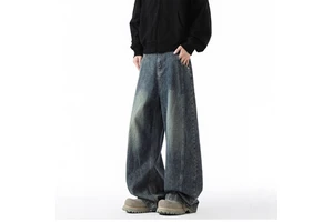 High-street Wide-leg Denim Jeans Men Autumn/winter StyleAmerican-inspired Loose-fitting Mid Waist Cotton Trousers Sleek