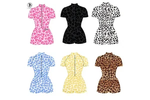 Women Cheetah Leopard Print Manufacturers Custom Logo Short Yoga Active Wear Zipper Romper Bodysuits Workout Jumpsuit Clothing