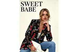 SWEET BABE Trendy Graffiti Print Women Blazer Single Button V-neck Casual Blazer Fashionable Office Street