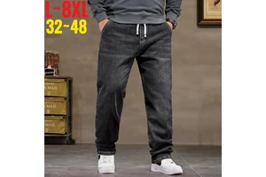 Extra Big Size Jeans Men High Elastic Waist Baggy Denim Pant Male Plus Large Loose Slim Fit Cowboy Trouser 8XL 6XL Classic Black