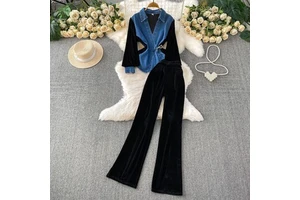 Wholesale autumn 2026 new fashion elegant temperament V-neck denim splicing velvet long-sleeved top wide-leg pants women's suit