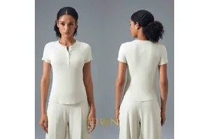 Women's Fashionable Slim Running Top Yoga Top with Button Zipper Casual Short Sleeve Fitness T-Shirt Skin-Friendly