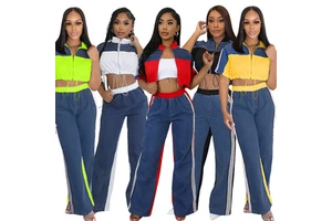 Women's Denim Spliced Color Collar Zipper Top Wide Leg Pants Streetwear Casual Patchwork 2 Piece Set