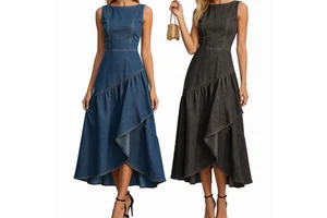 Women's Sleeveless Denim Midi Dress Asymmetrical Ruffle Hem High-Low Cascading Flounce Elegant Office Casual Lady Long Bottoms