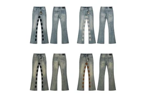 LOST SHDWS Men's Cowboy Flare Jean Solid Blue Washed Denim Trousers Stacked Hem Streetwear Jeans Pants